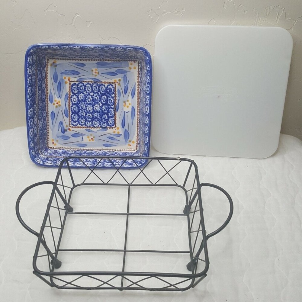 2.0 QT 3pc Temptations Old World Blue Square 8.5" Casserole Baking Dish Rack Lid